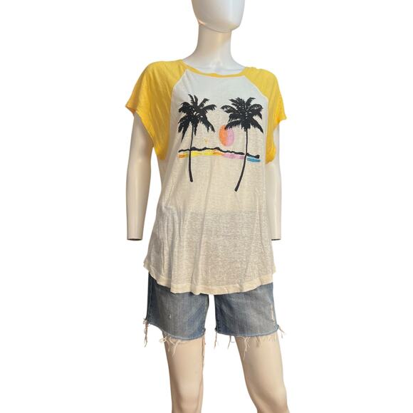 Free People NWT White Yellow Linen Blend Embroidered Palm Tree Tee L - Picture 3 of 7